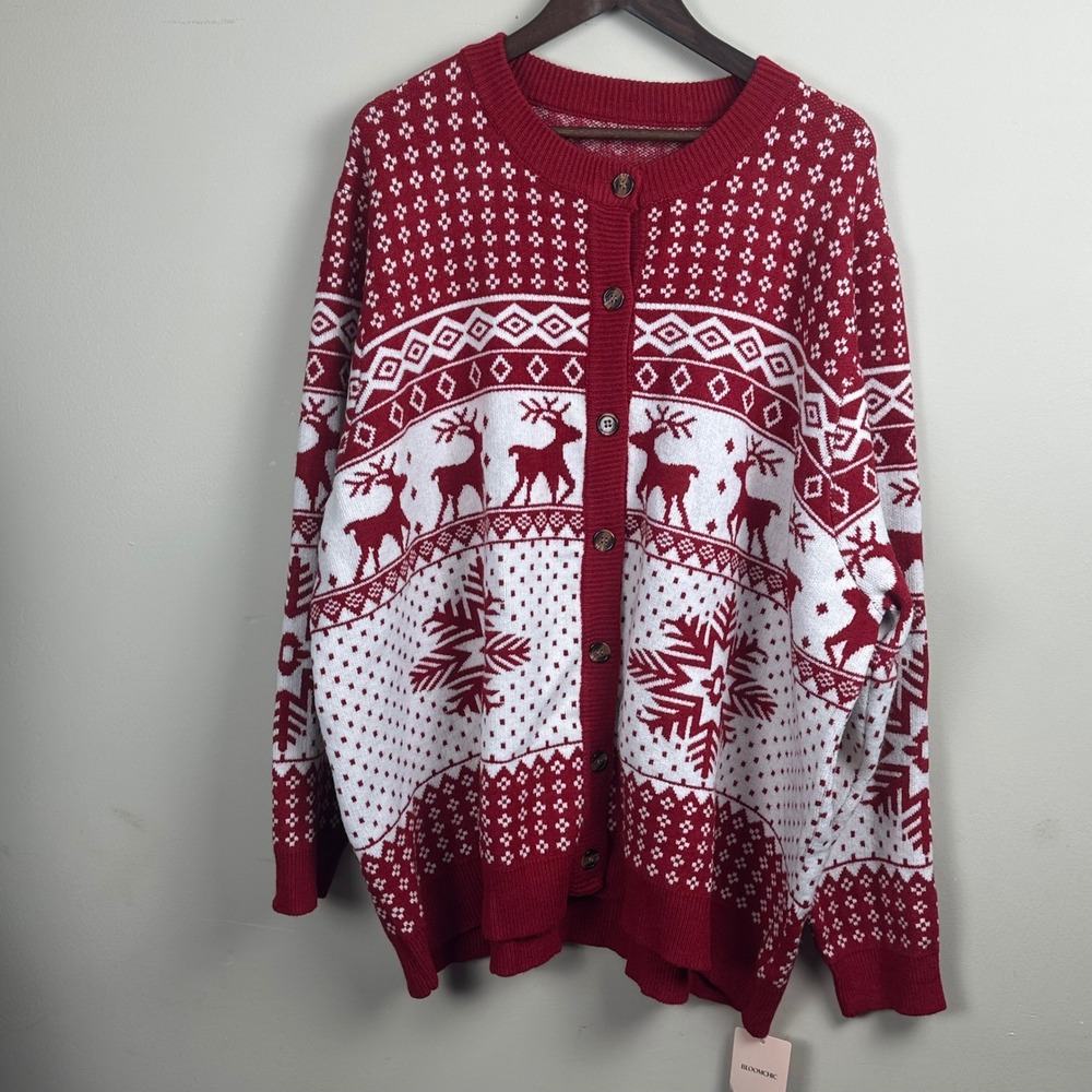 BloomChic Women's 28 Christmas Cardigan NWT Reindeer Fair Isle Red White Sweater